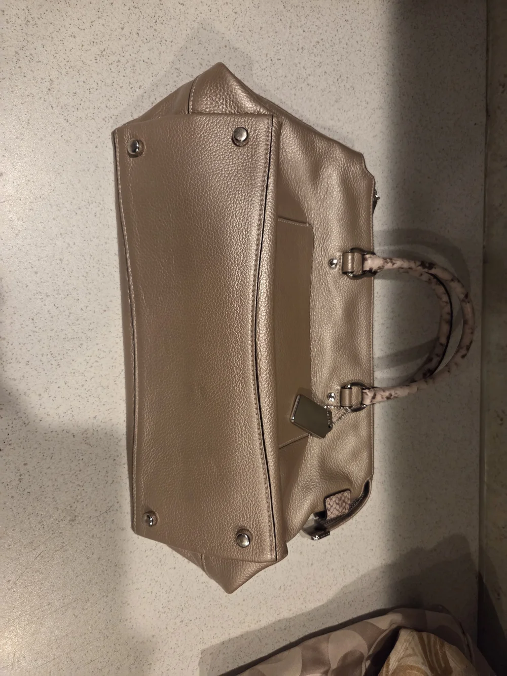 Coach Metallic Taupe Pebbled Leather Satchel with Snakeskin-Patterned Handles